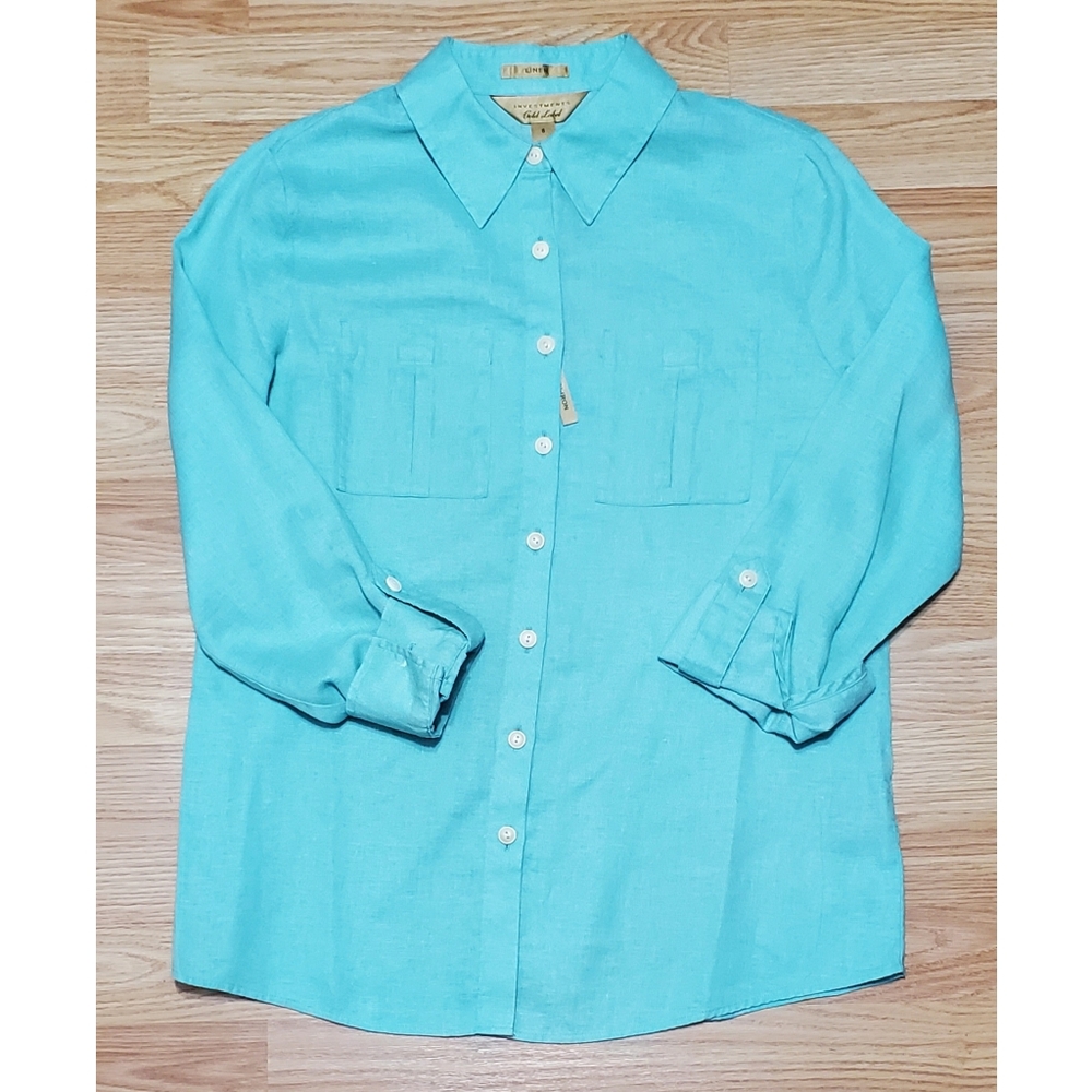 NWT Investments gold label hannah linen roll sleeves button front shirt green